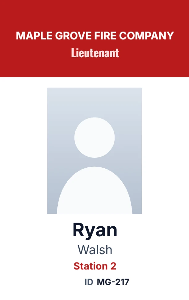 Fire company member card with rank and station