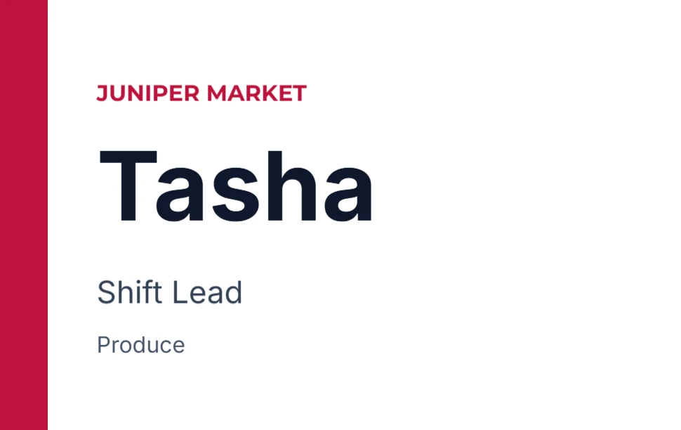 Retail name badge with a first name in large type