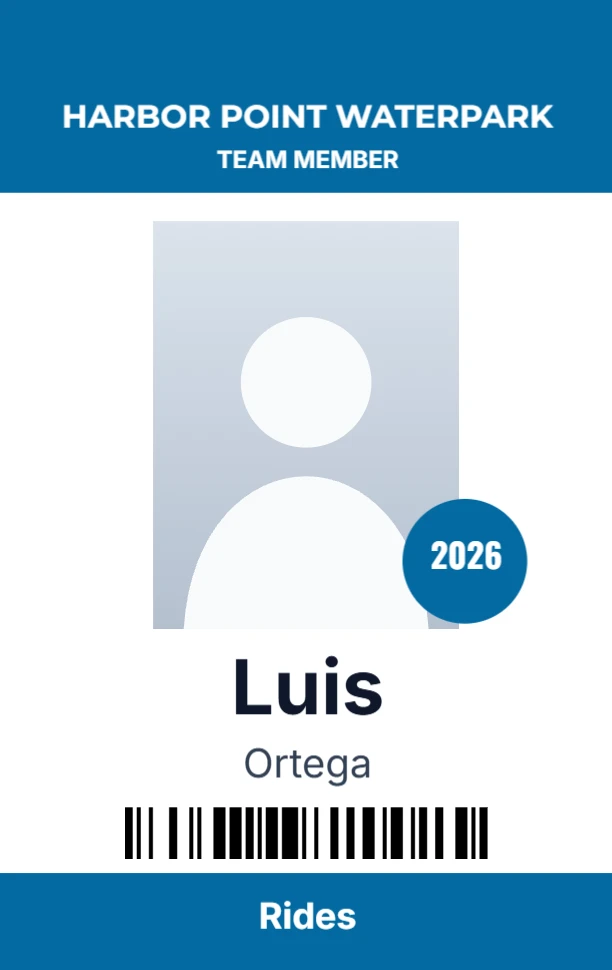 Seasonal team member badge for a waterpark
